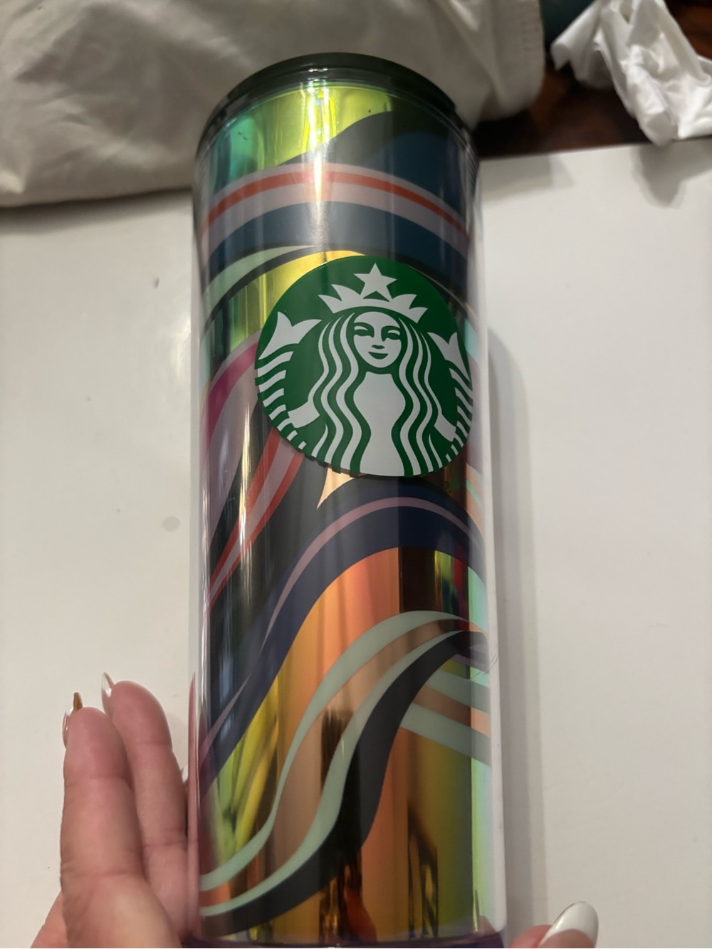 Starbucks Iridescent Rainbow Wave Tumbler with Green Logo NWT